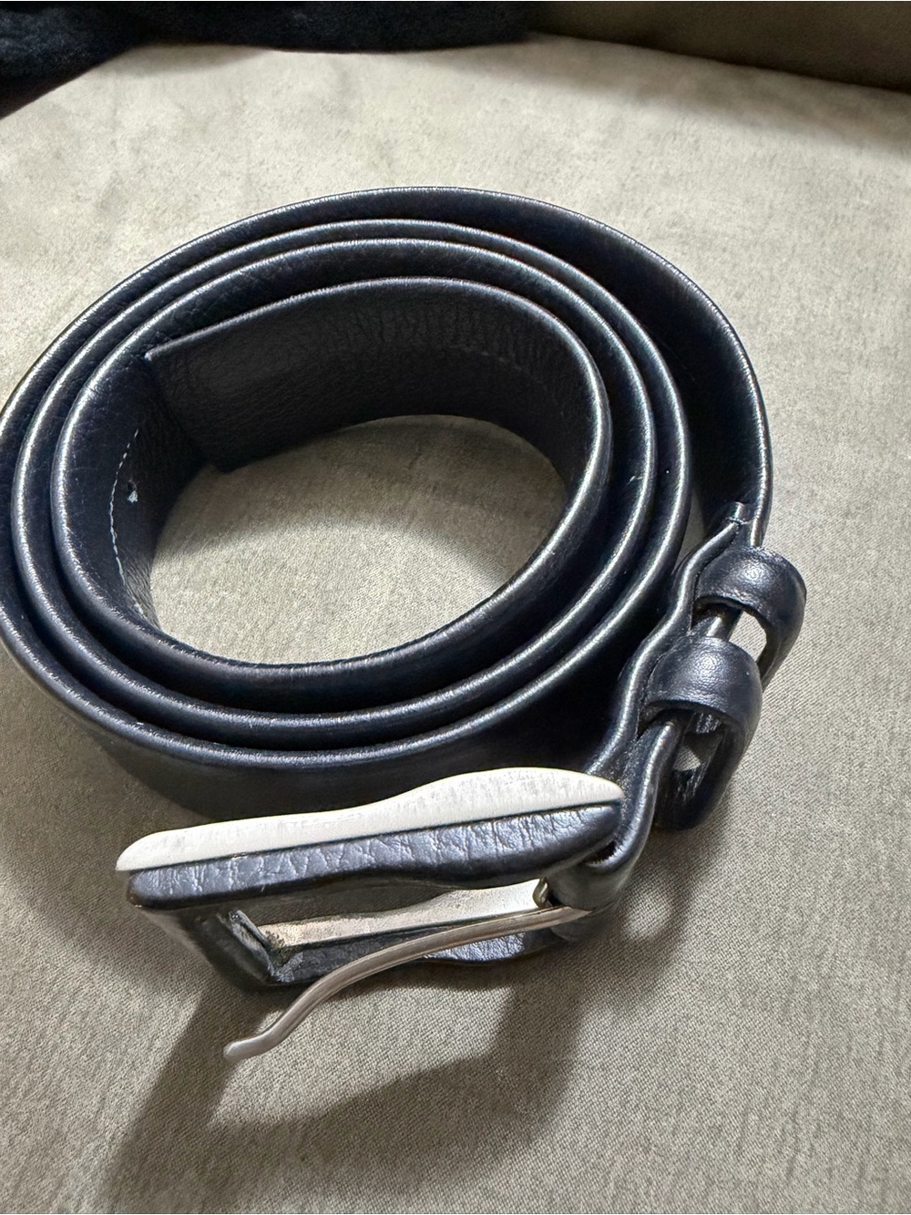 Men's Black Leather Belt with Brushed Silver Buckle